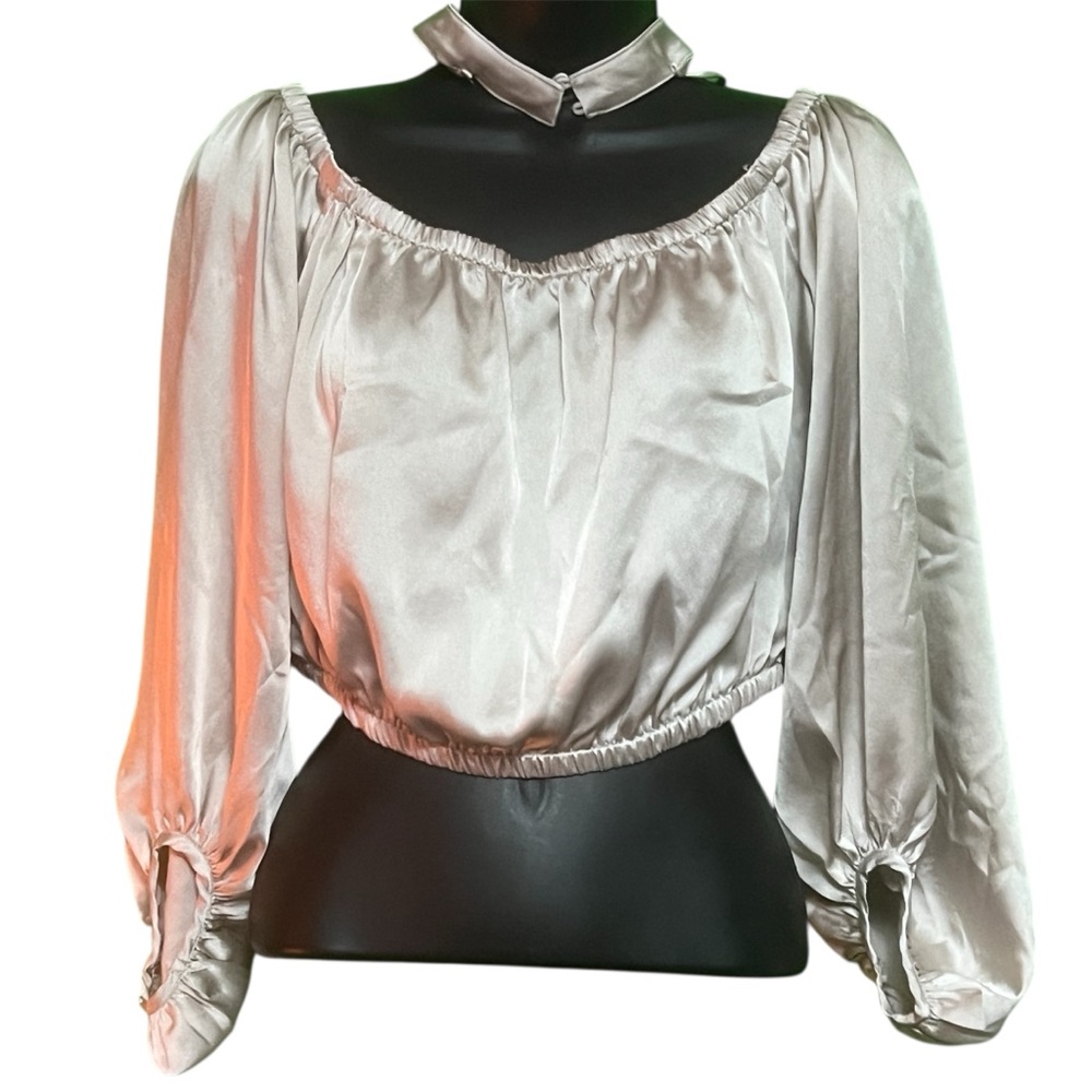 Blush Brand Silver Satin Off-Shoulder Crop Top